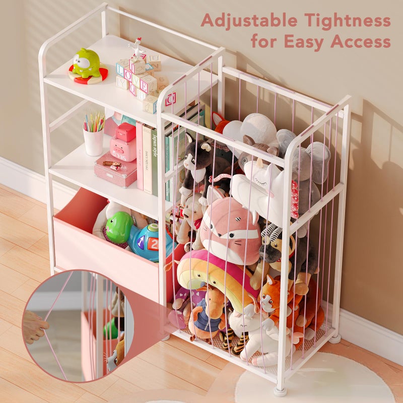 BBLIKE Stuffed Animal Storage - Stuffed Animal Net with Kids Bookshelf and Toy Organizer, 2-Tier White Bookshelf with Stuffed Animal Holder and Fabric Toy Chest for Kids Room, Playroom, Nursery, Pink - Image 5
