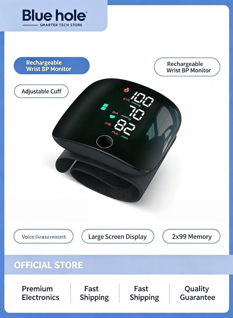 BlueHole Rechargeable Electronic Wrist Blood Pressure Monitor, Adjustable Cuff, Blood Pressure Measurement Function, 2x99 Measurement Result Storage, Large Screen Display, Voice Heart Rate Automatic Measurement. - Image 1