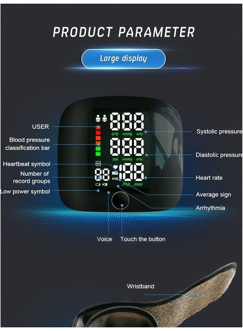 BlueHole Rechargeable Electronic Wrist Blood Pressure Monitor, Adjustable Cuff, Blood Pressure Measurement Function, 2x99 Measurement Result Storage, Large Screen Display, Voice Heart Rate Automatic Measurement. - Image 5