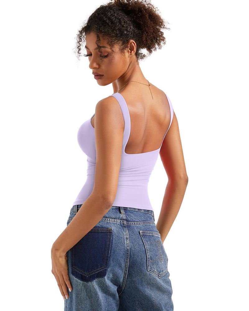 SUUKSESS Women Built in Bra Open Back Boat Neck Tank Tops Double Lined Backless Y2K Going Out Top Basic Shirt (Light Purple,S) - Image 2