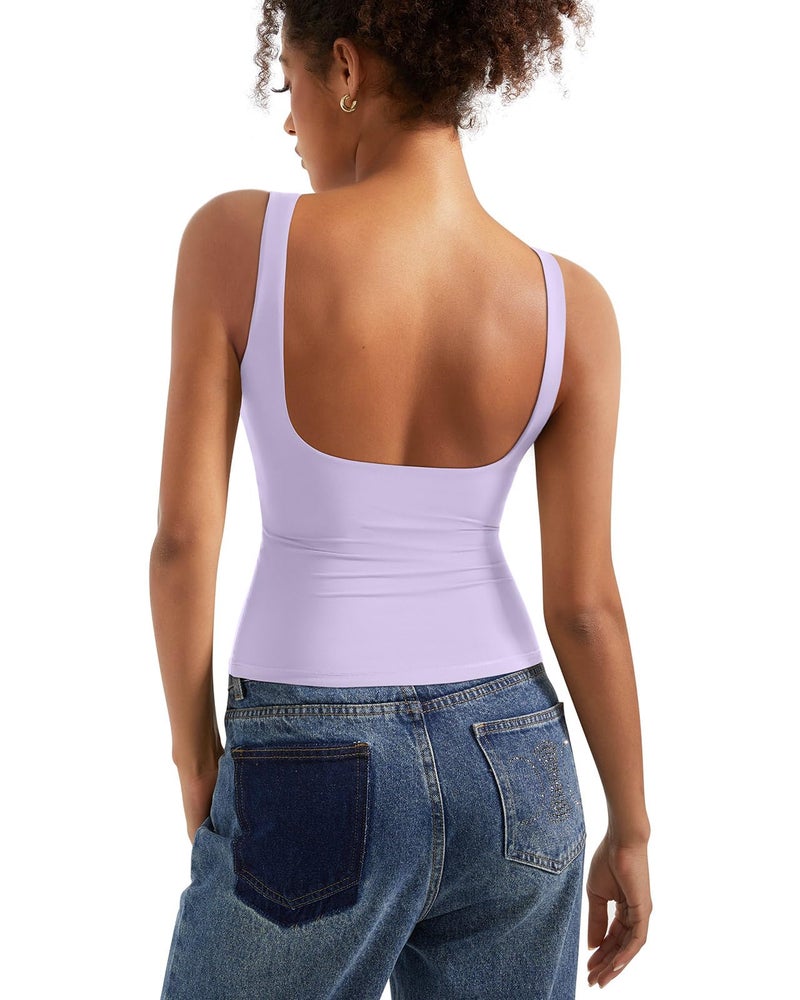 SUUKSESS Women Built in Bra Open Back Boat Neck Tank Tops Double Lined Backless Y2K Going Out Top Basic Shirt (Light Purple,S) - Image 1