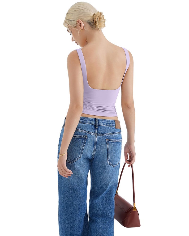 SUUKSESS Women Built in Bra Open Back Boat Neck Tank Tops Double Lined Backless Y2K Going Out Top Basic Shirt (Light Purple,S) - Image 4