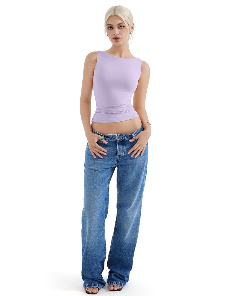 SUUKSESS Women Built in Bra Open Back Boat Neck Tank Tops Double Lined Backless Y2K Going Out Top Basic Shirt (Light Purple,S) - Image 5