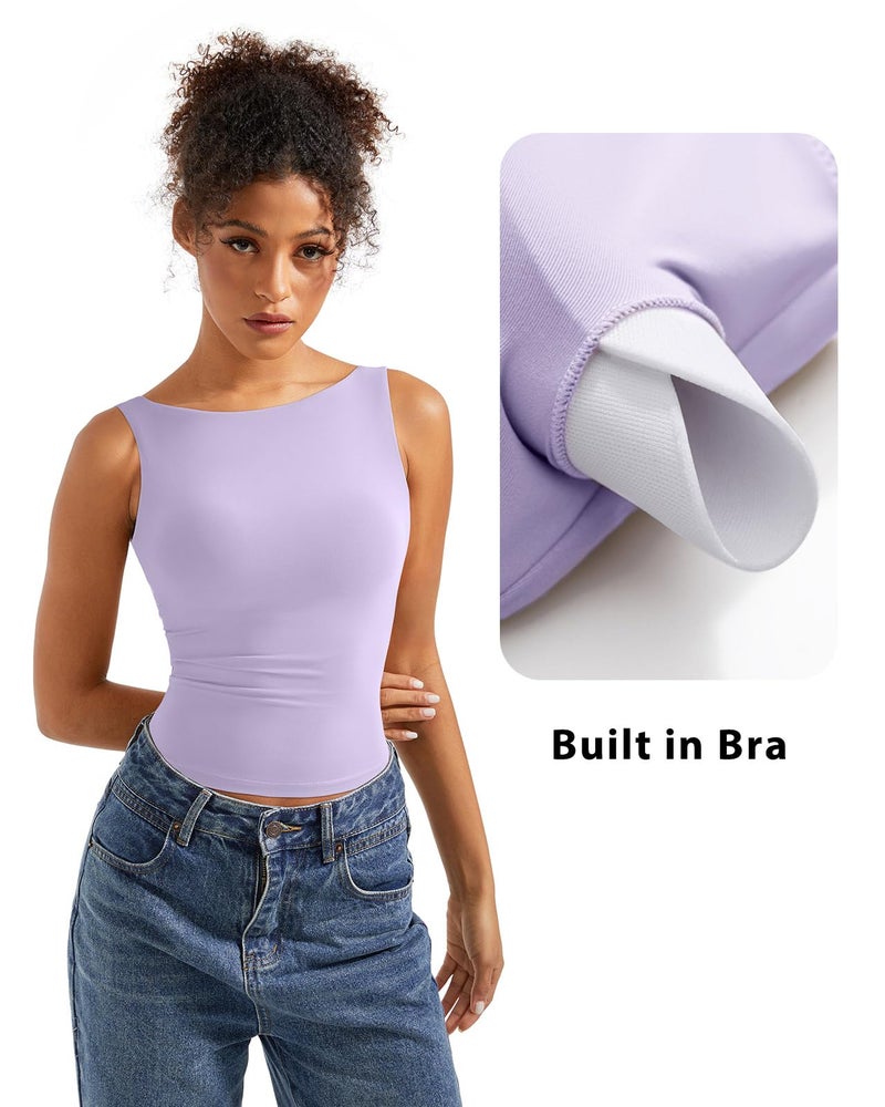 SUUKSESS Women Built in Bra Open Back Boat Neck Tank Tops Double Lined Backless Y2K Going Out Top Basic Shirt (Light Purple,S) - Image 3