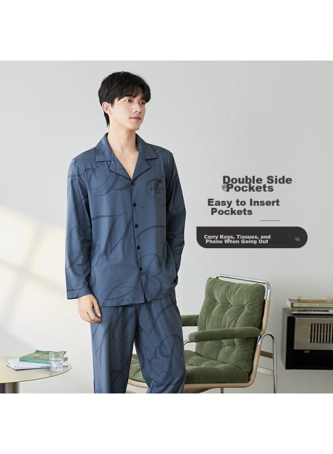 Fenton Fenteng Men's Pajamas, Spring And Autumn, Pure Cotton, Buttoned Collar, Cardigan, Long-sleeve, Home Wear Set - Image 4