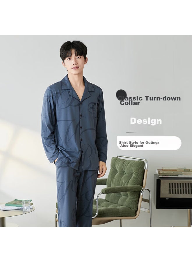 Fenton Fenteng Men's Pajamas, Spring And Autumn, Pure Cotton, Buttoned Collar, Cardigan, Long-sleeve, Home Wear Set - Image 2