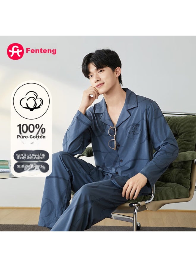 Fenton Fenteng Men's Pajamas, Spring And Autumn, Pure Cotton, Buttoned Collar, Cardigan, Long-sleeve, Home Wear Set - Image 1