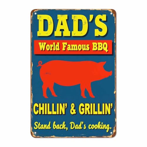 AOYEGO Dad's BBQ Tin Sign,World Famous BBQ with Red Pig Blue Vintage Metal Tin Signs for Cafes Bars Pubs Shop Wall Decorative Funny Retro Signs for Men Women 8x12 Inch - Image 1
