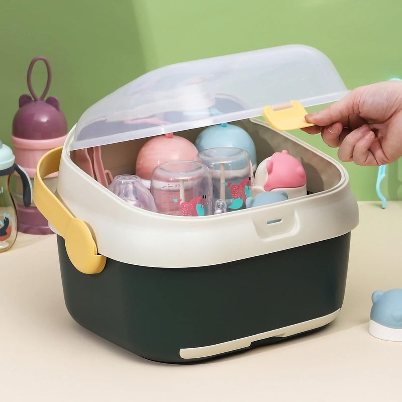 cheekyglo Baby Bottle Drying Rack Storage, Large Nursing Bottle Storage Box Organizer with Cover,Nursing Bottle Storage Box Container with Swivel Vent Dust Cover Drain Tray Detachable Holder(Green)Green - Image 1