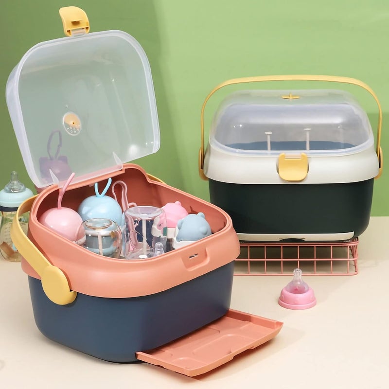 cheekyglo Baby Bottle Drying Rack Storage, Large Nursing Bottle Storage Box Organizer with Cover,Nursing Bottle Storage Box Container with Swivel Vent Dust Cover Drain Tray Detachable Holder(Green)Green - Image 3