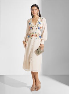Hope & Ivy Embellished Blouson Sleeve Midi Dress With Waist Tie  - Image 4