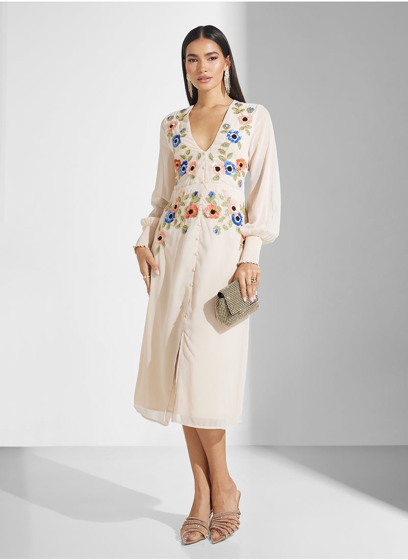 Hope & Ivy - Embellished Blouson Sleeve Midi Dress With Waist Tie - Image 1