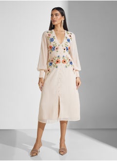 Embellished Blouson Sleeve Midi Dress With Waist Tie