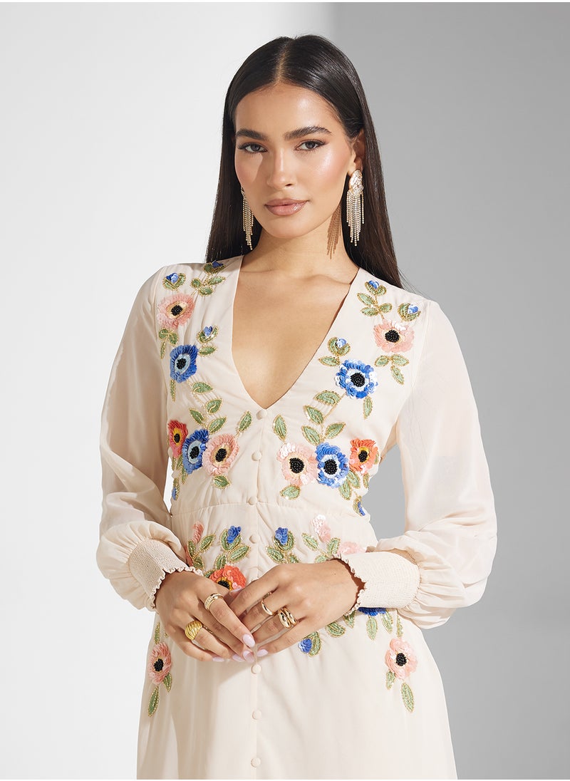 Hope & Ivy - Embellished Blouson Sleeve Midi Dress With Waist Tie - Image 1