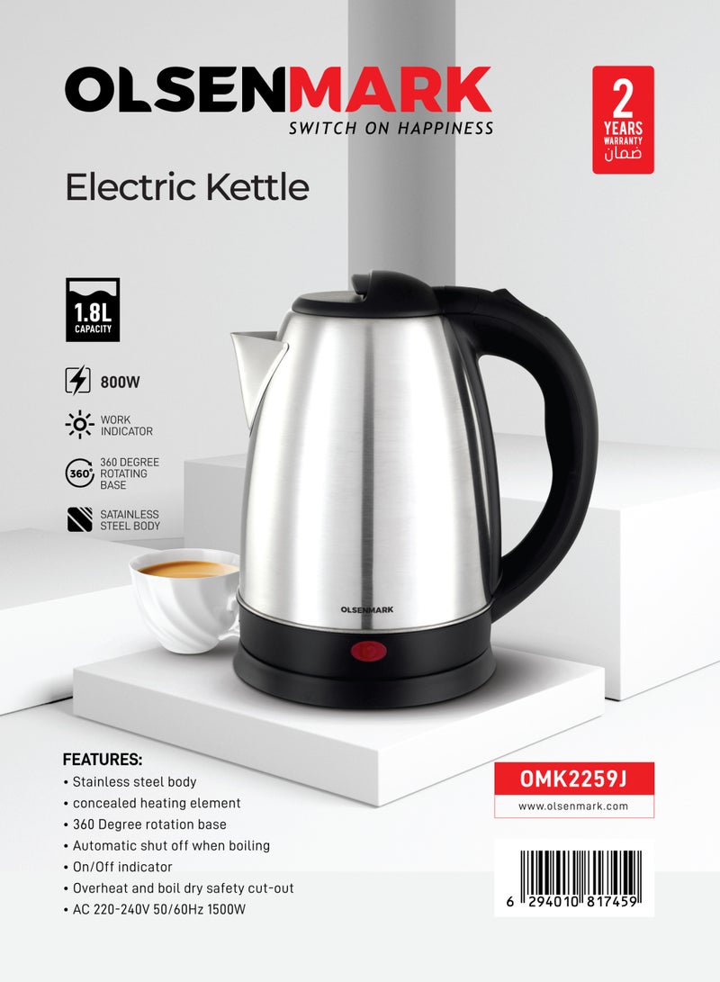 Olsenmark OMK2259 Electric Kettle, 1.8L Stainless Steel, 360 Rotational Base 1.8 L 1500 W OMK2259 silver