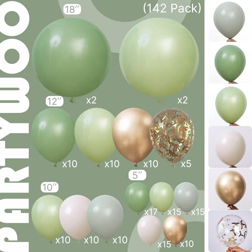 PartyWoo طقم قوس البالونات باللون الأخضر المريمي من PartyWoo 142 قطعة بأحجام مختلفة 18 12 10 5 بوصة بالونات زيتون داكنة بوهو خضراء لتزيين حفلات استقبال المولود والتخرج وحفلات عيد الميلاد الديناصورية في الغابة - Image 5