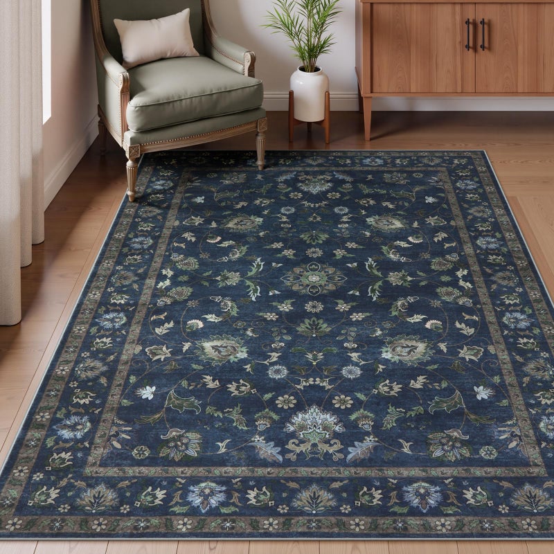 Wonnitar 5x7 Washable Area Rug, Non Slip Vintage Floral Rug for Bedroom, Ultra-Thin Stain Resistant Floor Carpets Rugs for Living Room Dining Room Home Office,(Blue,5x7) - Image 1