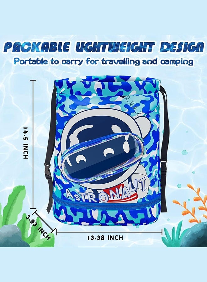 UNUNS Kids Swimming Backpack,2 Pack Portable Drawstring Swim Bags For Boy Girl,Dry And Wet Separation Waterproof Storage Bag,Fitness Sport Knapsack For Gym Sports Beach Pool Gear,Blue+Purple - Image 4