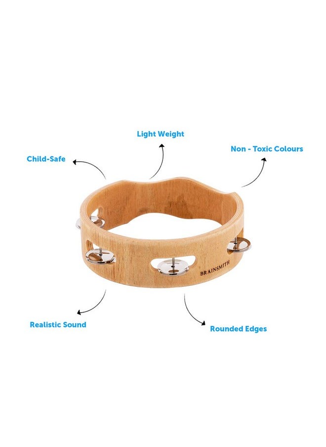 BRAINSMITH Brainsmith Swoora Round Wooden Tambourine (6 inches), Child-Safe - Handheld Percussion Musical Instrument Toy for Kids (1-6 Years) - 4 Pairs Jingles  - Image 3