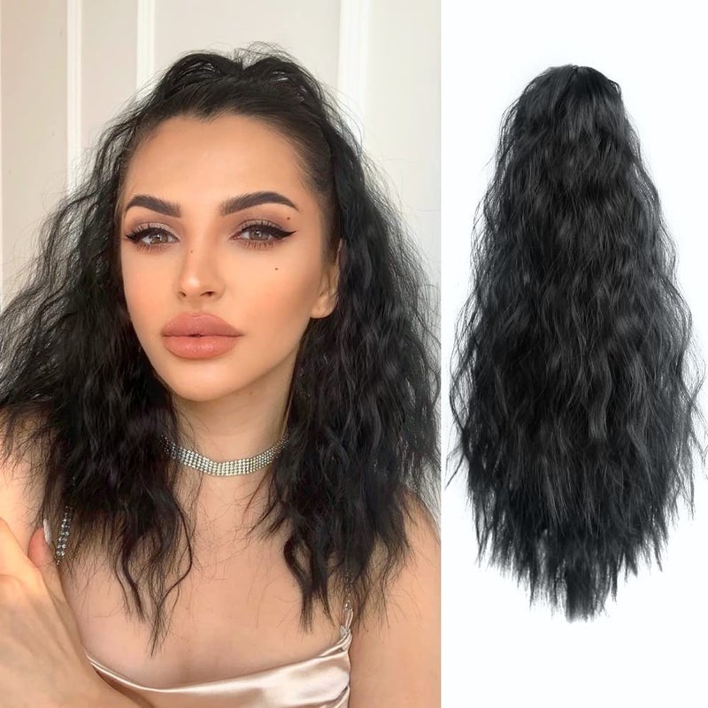StrRid Dark Black Claw Ponytail Extension Wavy 18 Synthetic Curly Fake Clip in Extensions Wig Hair Pieces Fluffy Not Easily Knotted Clips on Ponytails for Women Wedding Party Daily Use 6 Oz