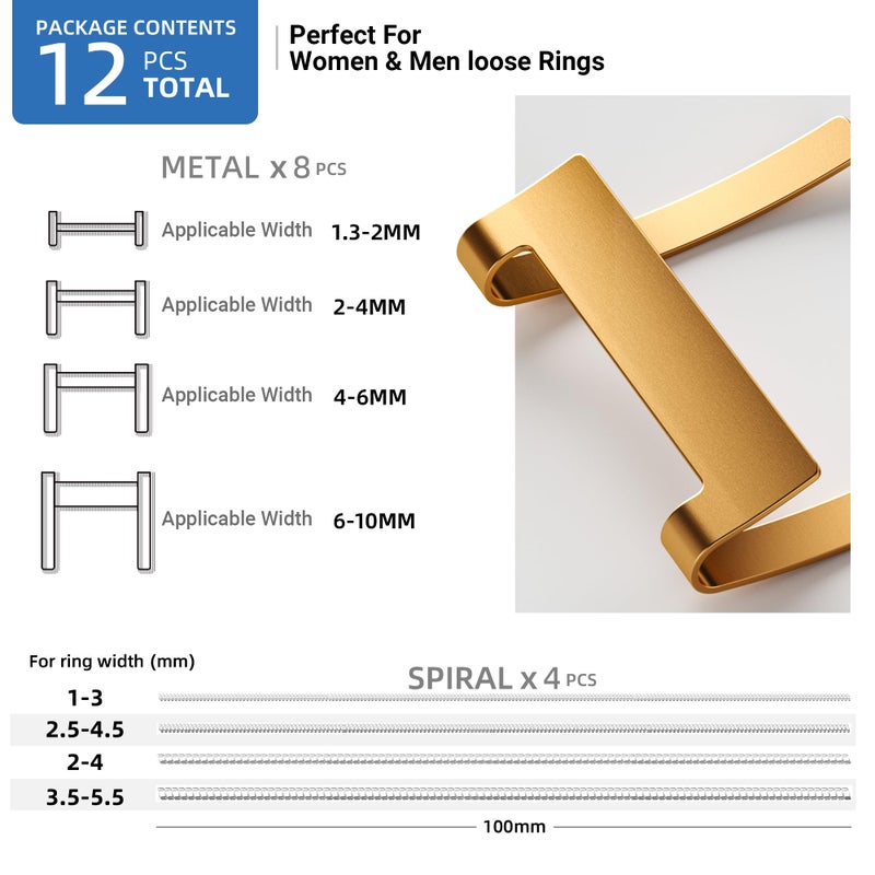 Omilly Filled Metal Ring Guard for Loose Rings, 12 Piece Set with 2 Styles (Metal Ring Guards, Spiral Coils), Ring Spacer Fits Ring Widths 1-10mm, Invisible Resizing Solution for Women & Men - Image 3