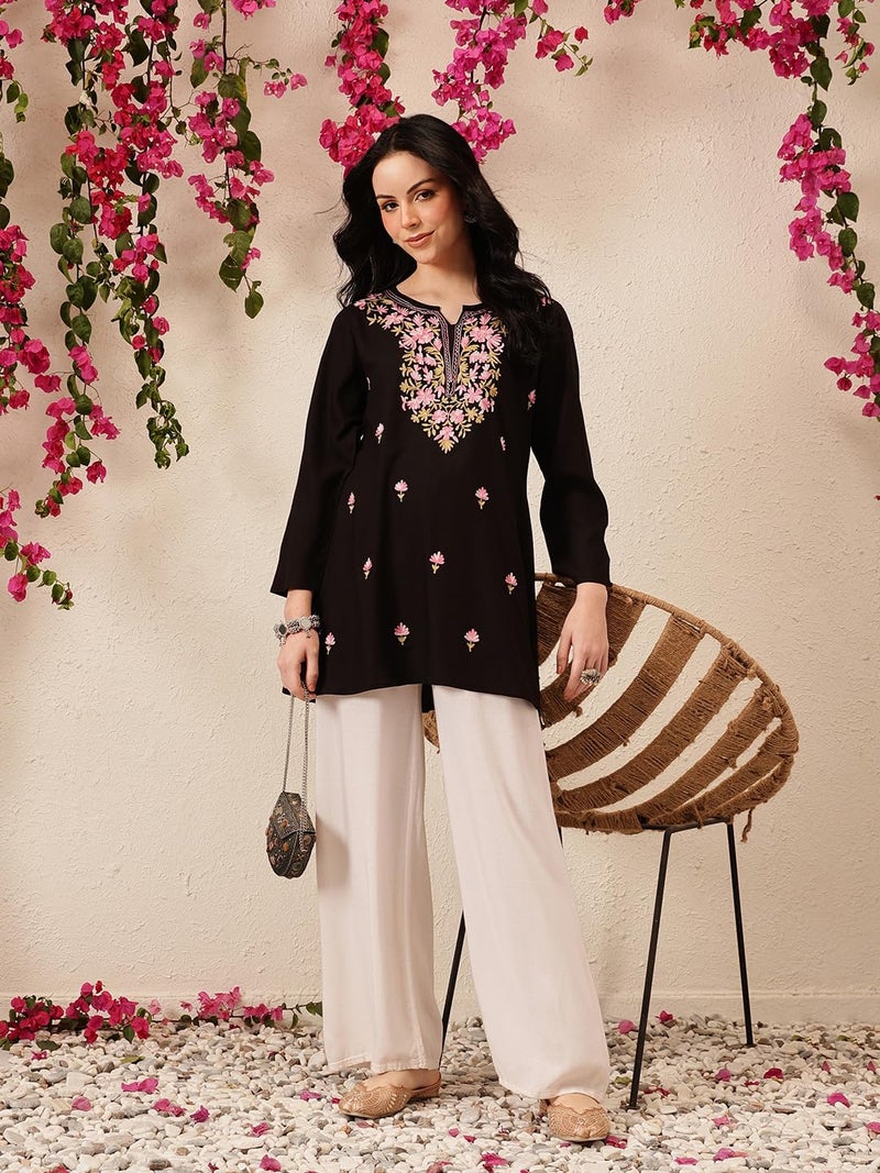 QAZMI Women's Kashmiri A-Line Flared Kurti_S Black - Image 3