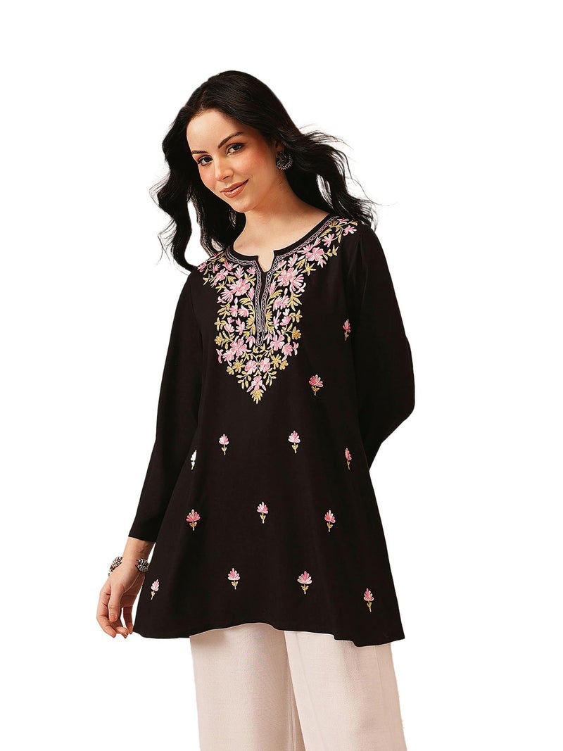 QAZMI Women's Kashmiri A-Line Flared Kurti_S Black - Image 1