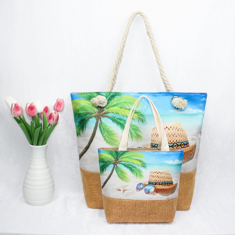 New Store Welfare Exclusive Cotton Rope Handheld Large-Capacity Tote Bag Set - 2pcs, Beach Print DIY Beach Bag