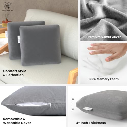 MY ARMOR Memory Foam Square Cushion for Car, Sofa/Diwan, Bed, Chair & Decoration | Highly Durable, Hypoallergenic | Velvet Cover | Grey, Pack of 2 [14"x 14" x 4"] - Image 2