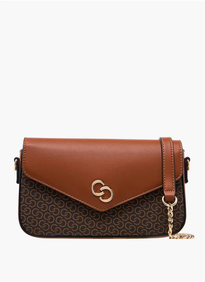 Celeste Women's Monogram Print Crossbody Bag with Chain Strap and Button Closure