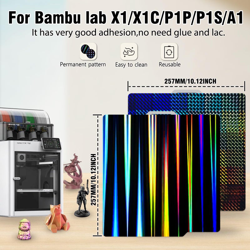 Wefuit JUUPINE 3D Printer H1H Build Plate for Bambu Lab P2S/A1/X1C/X1/X1E/P1P/P1S Holographic Carbon Plate 257x257mm Smooth Textured PEI Spring Steel Plate Removable Platform (Light Beam +Phantom) - Image 3