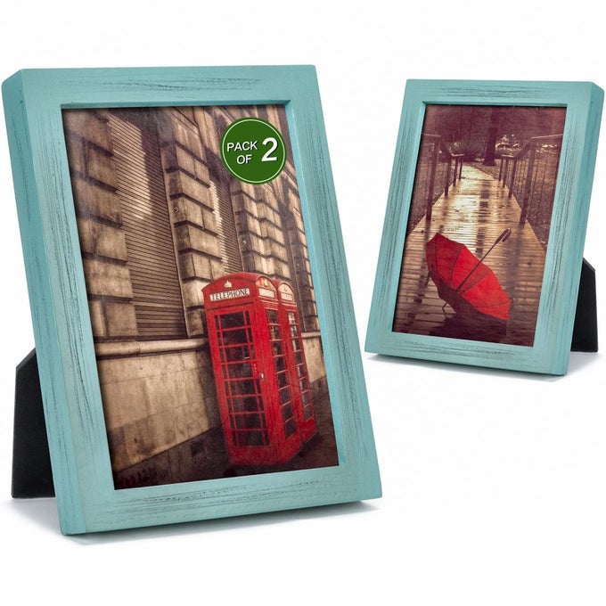 5X7 PICTURE FRAME PACK OF 2 RUSTIC PICTURE FRAMES 5X7 WITH REAL GLASS SOLID WOOD 5X7 PHOTO FRAME FOR TABLE TOP DISPLAY OR WALL MOUNTED VINTAGE TEAL