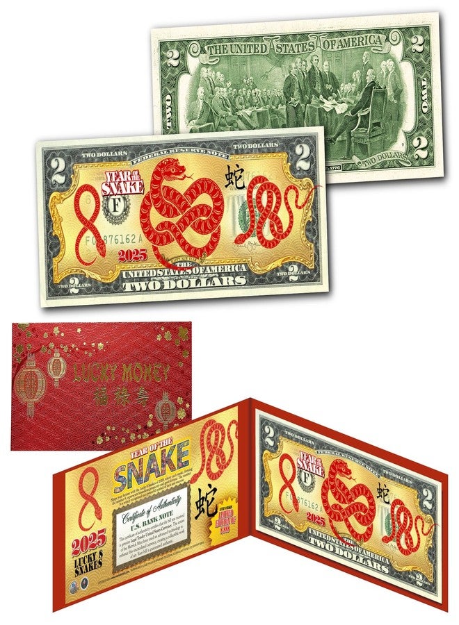 Merrick Mint Lucky 8-Shaped Snakes 2025 Chinese Lunar New Year of The Snake Uncirculated Two Dollar Bill Special Edition with Both Collectible Red Hard Foilo Display & Red Envelope - Image 2