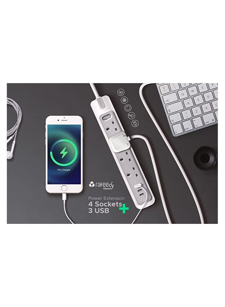 RAFEED Power Extension Strip Cable Lead 3 Meter, 4 Sockets, 2 USB-A Ports, and 1 USB-C Port - Image 5