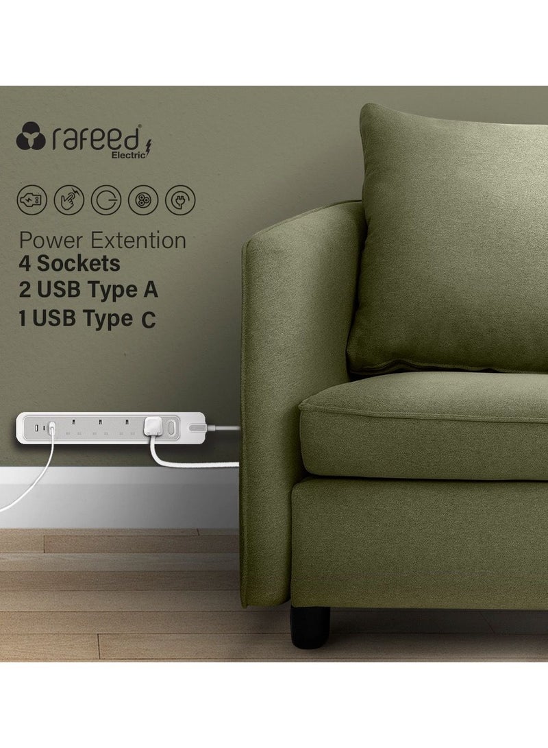 RAFEED Power Extension Strip Cable Lead 3 Meter, 4 Sockets, 2 USB-A Ports, and 1 USB-C Port - Image 4