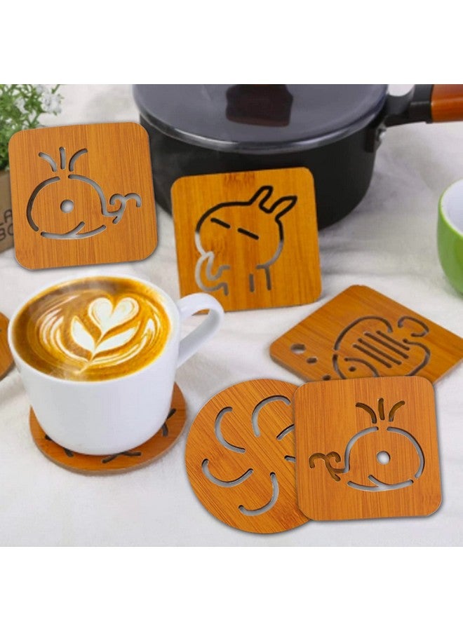 Wolpin Wood Table Coasters (Pack of 6 Pcs) Bamboo Tea Coasters Heat Insulation Pad for Glass Tea Cups Mugs/Bowl Anti-Slip Tumblers Jars (9.5 x 9.5 cm) Multifunctional - Image 1