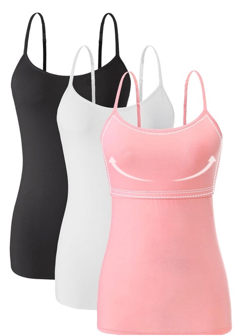 Bundle Of (3) Shelf Bra Camisoles Adjustable Spaghetti Strap Tank Tops Scoop Neck Layer Cami