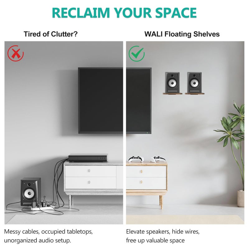 WALI Speaker Wall Mount, Heavy Duty Bookshelf Speaker Floating Wall Shelves, Surround Sound Speakers Stand for Living Room, Home Theater and Gaming Room, Holds up to 55 Lbs, (SWM302), 1 Pair, Wood - Image 4