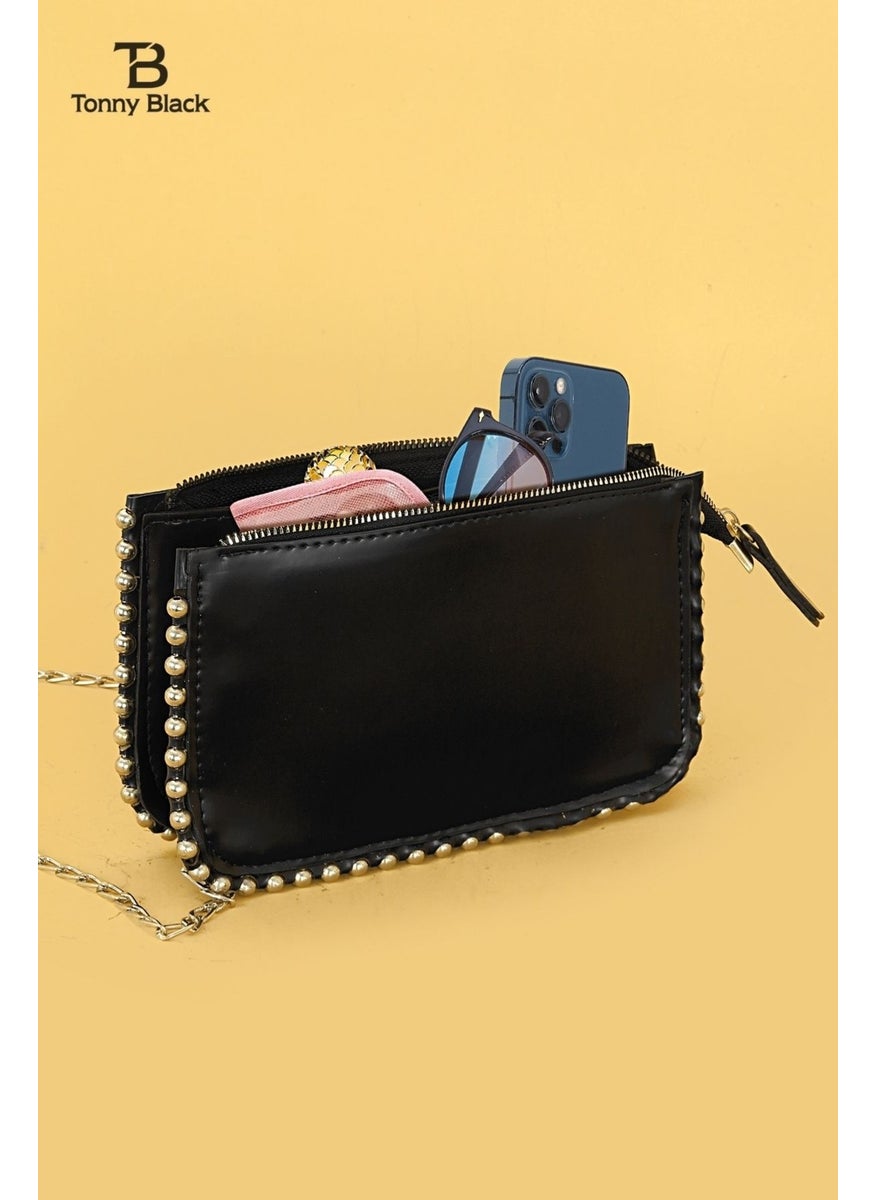 tonny black - Original New Season Studded Crossbody Chain Model Soft Leather Zippered Women's Shoulder Bag - Image 1