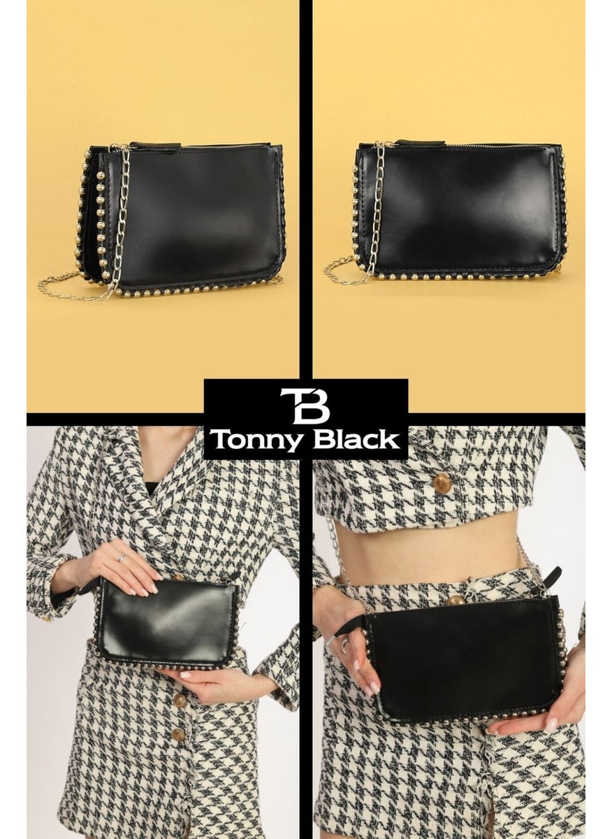 tonny black - Original New Season Studded Crossbody Chain Model Soft Leather Zippered Women's Shoulder Bag - Image 1