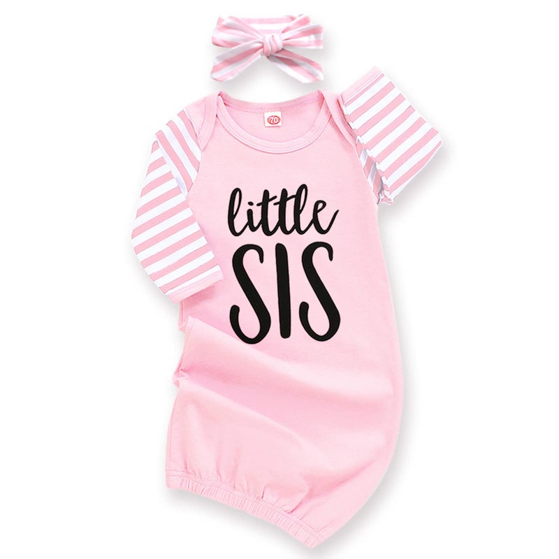AMAWMW Newborn Baby Girl Little Sister Sleeper Gown Stripe Long Sleeve Nightgown Pajamas Gifts Stuff Essential Outfit - Image 1