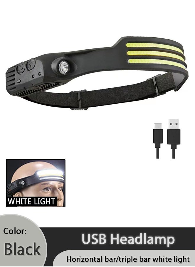 ماركة غير محددة مصباح أمامي USB، مصباح أمامي مقاوم للماء IPX4 مع ضوء أبيض ثلاثي الأشرطة، مصباح أمامي LED قابل لإعادة الشحن، كابل USB متضمن، 6 أوضاع للتخييم في الهواء الطلق والجري والمشي لمسافات طويلة وصيد الأسماك، أسود  - Image 1