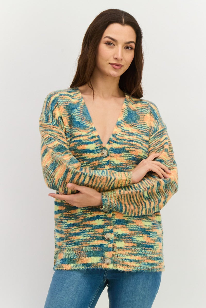 NIA Women V Neck Knitted Cardigans, Green - Image 1