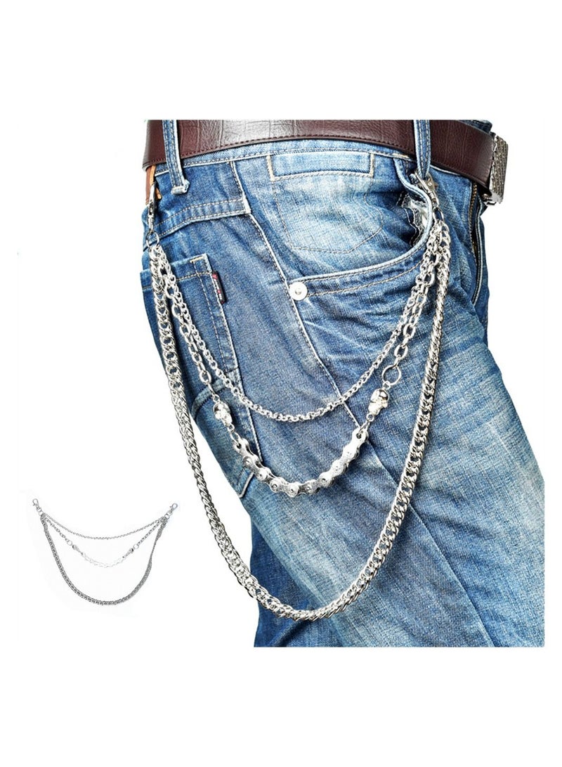 Pants Chain for Men Women, Biker Skull Wallet Chain, Punk Men Cool Skull Punk Trouser Long Wallet Key Chain for Hip Hop Rock Jean, Silver, 60-80cm - Image 1