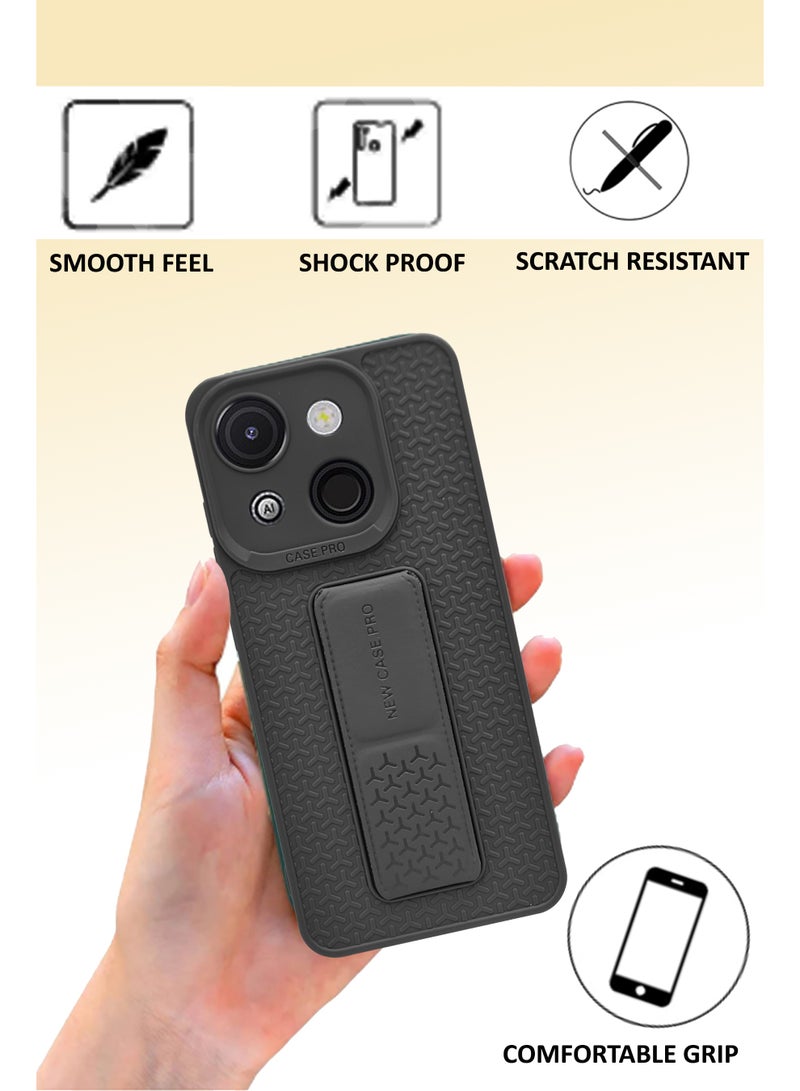 Itel A50c Semi Soft Self Designed Magnetic Back Stand Case  With Foldable Kickstand & Finger Strap | Compatible For Itel A50c - Black - Image 2