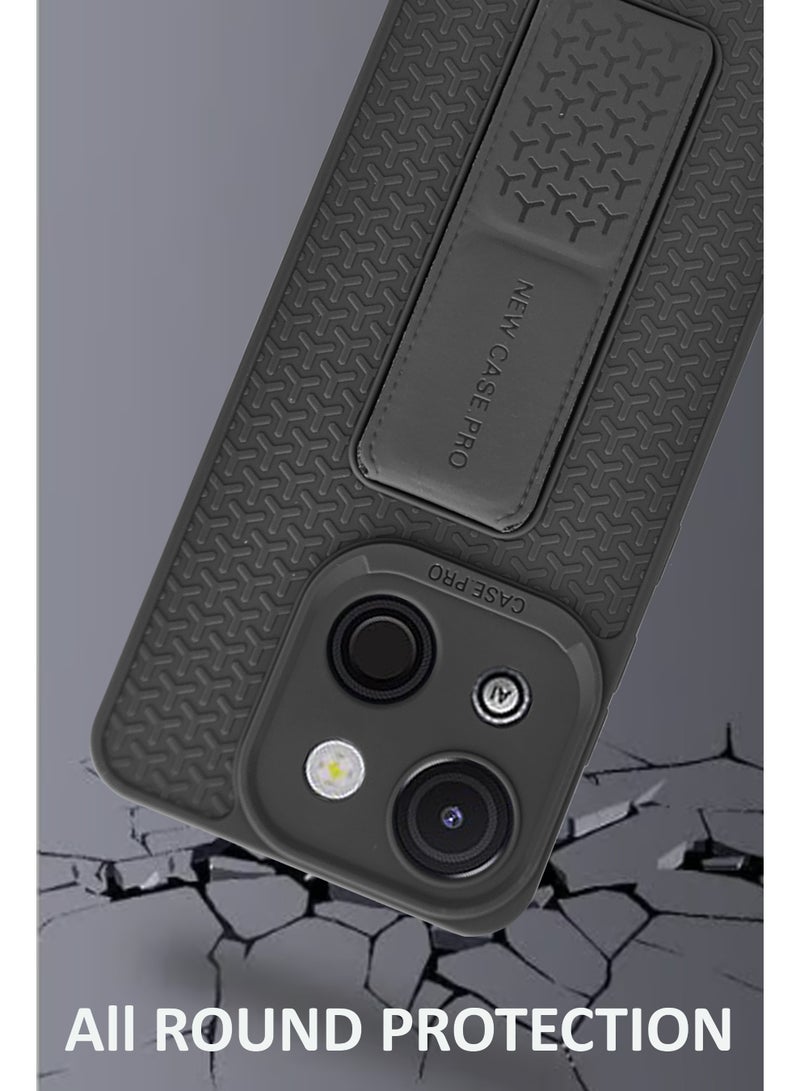 Itel A50c Semi Soft Self Designed Magnetic Back Stand Case  With Foldable Kickstand & Finger Strap | Compatible For Itel A50c - Black - Image 4