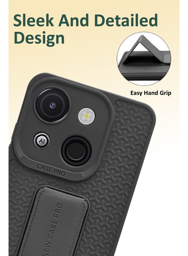 Itel A50c Semi Soft Self Designed Magnetic Back Stand Case  With Foldable Kickstand & Finger Strap | Compatible For Itel A50c - Black - Image 3