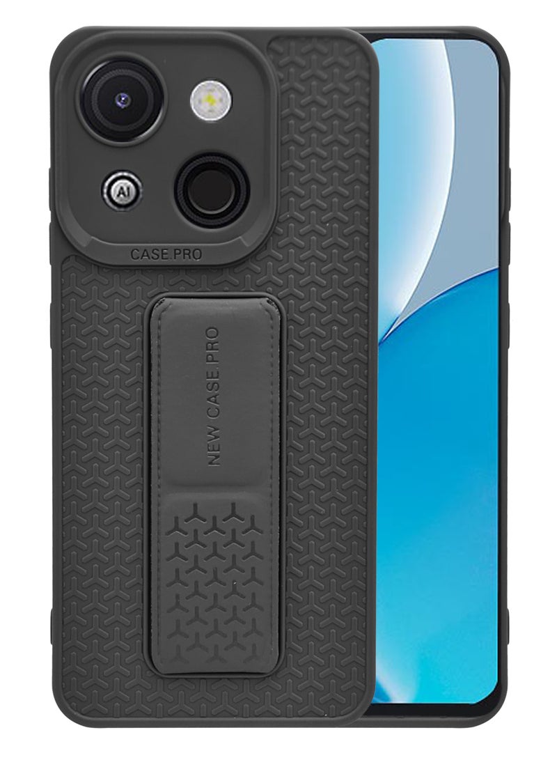 Itel A50c Semi Soft Self Designed Magnetic Back Stand Case  With Foldable Kickstand & Finger Strap | Compatible For Itel A50c - Black - Image 1