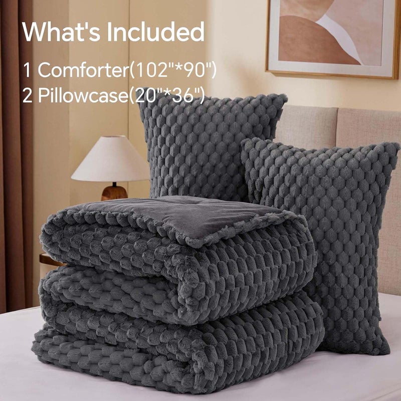 BEDELITE Fluffy King Size Comforter Set - Grey Fleece Soft Comforter for King Size Bed, Luxury Warm Bedding Set for Winter, Fuzzy Bed Set 3 Pieces (1 Comforter, 2 Pillowcases) - Image 4