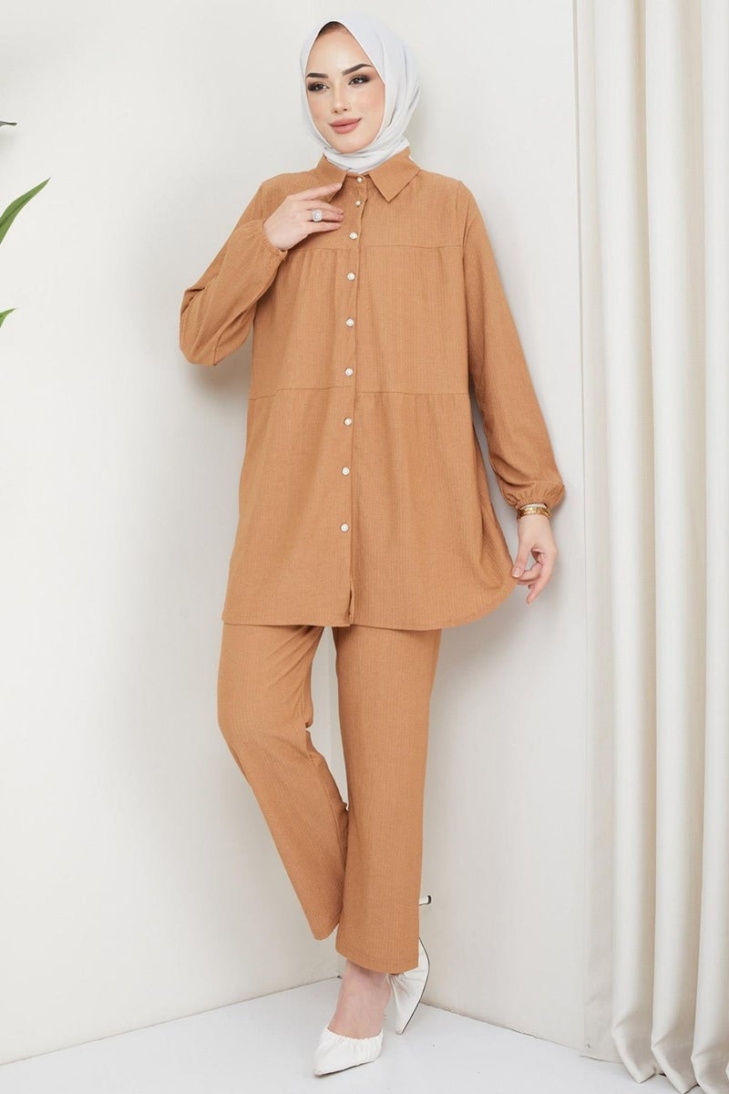 Hafsa Mina Kat Shirted Bürümcük Two Piece Set Camel - Image 1
